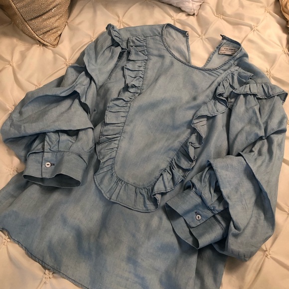 H&M Premium Denim Chambray Ruffle Top Small - Picture 6 of 8